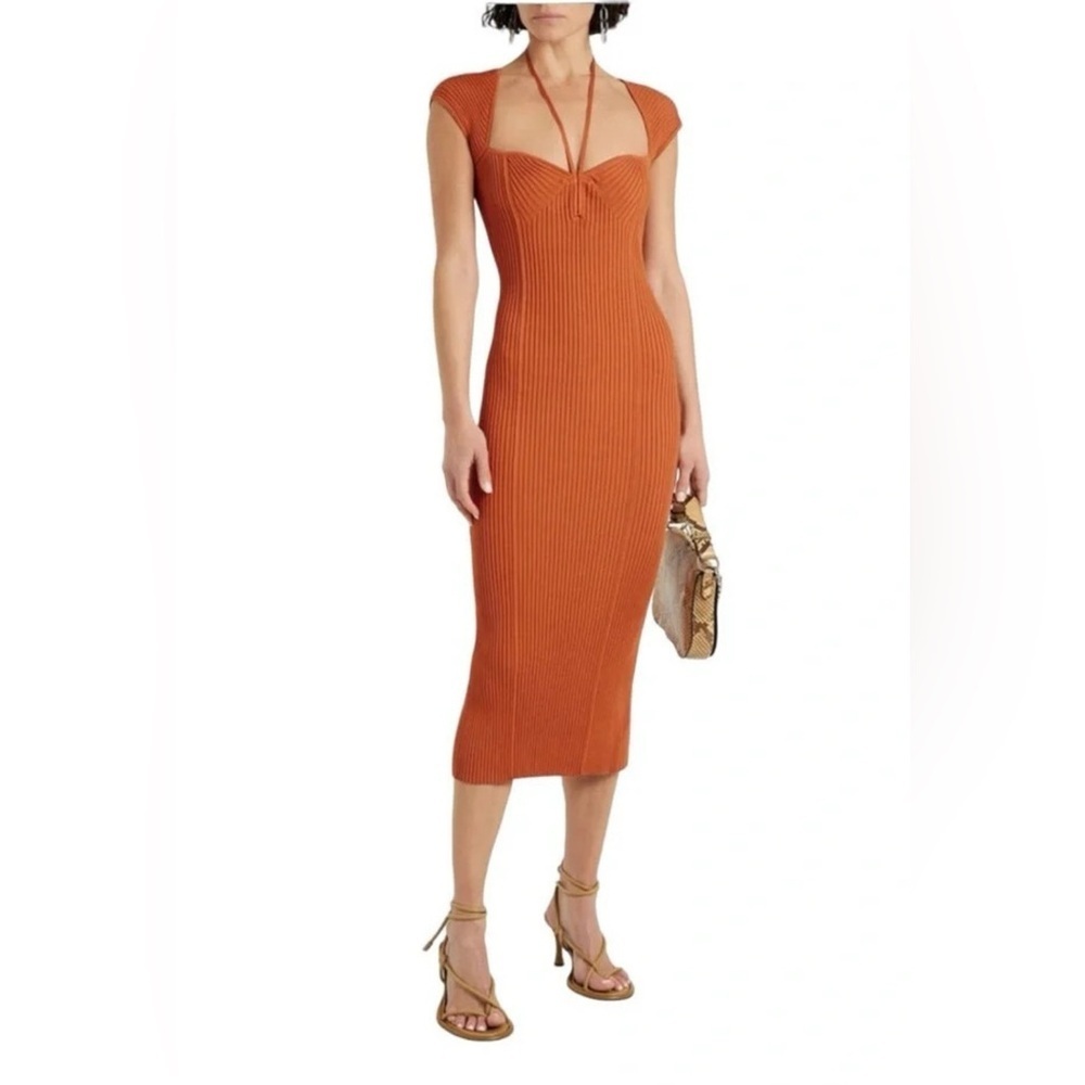 Jonathan Simkhai Ribbed Knit Cutout Halter Midi Dress Rust Orange SZ L